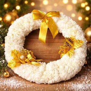 Handmade White & Gold Christmas Yarn Wreath Holiday Door Decor